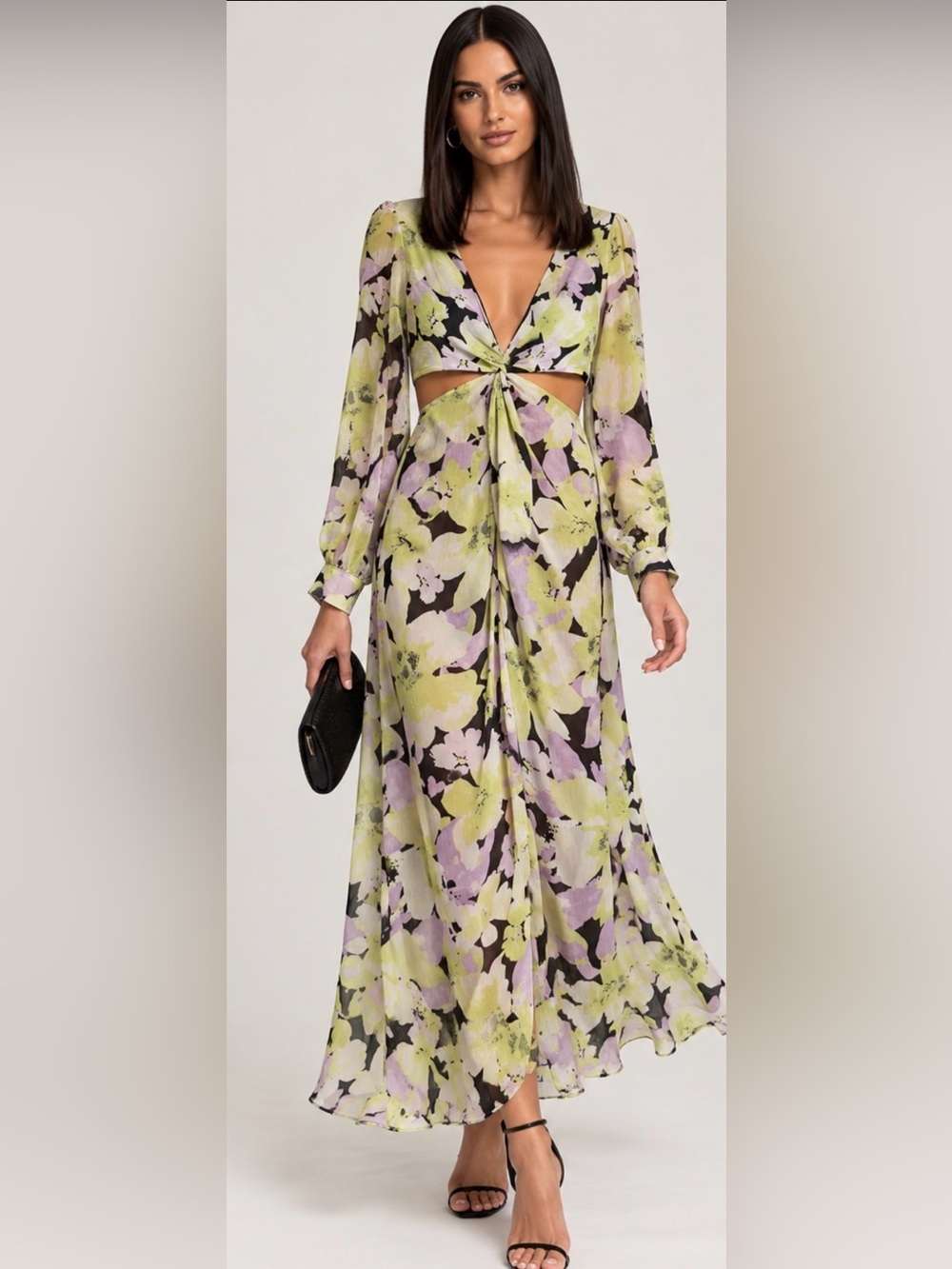 Topshop Lime & Lavender Floral Twist-Front Maxi Dress